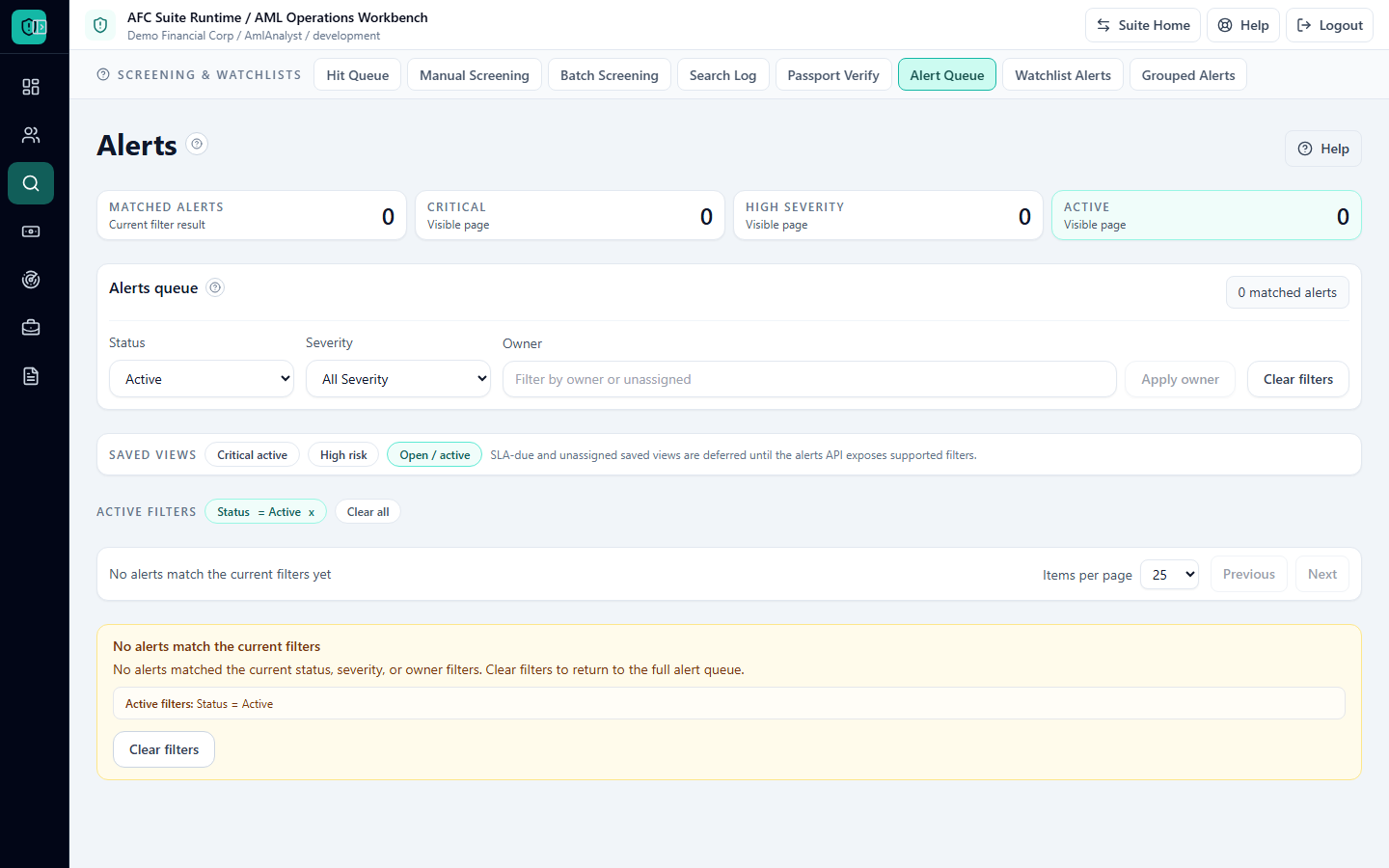 AFC AML alert queue empty state with recovery guidance