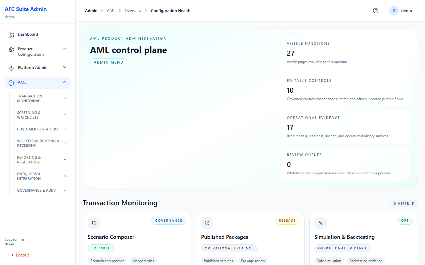 Capability-based AFC administration navigation